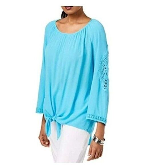 $49.50 JM Collection Petite Lace Embellished Tie-front Top, Large, Reef Aqua - Picture 3 of 12